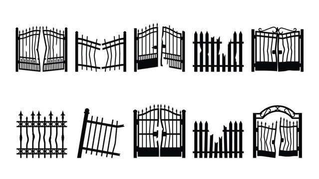 Damaged wrought iron gates and spooky fences black vector silhouettes for graphic design