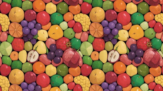 Vibrant illustration featuring diverse fresh fruits arranged in a colorful repeating pattern for background texture usage