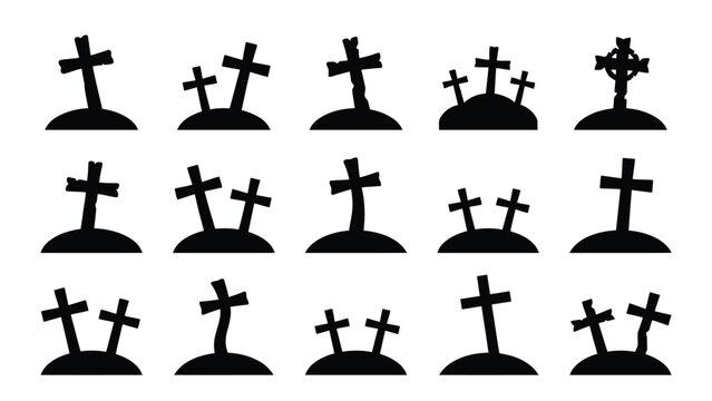Set of black graveyard cross icons with tomb silhouettes for halloween and cemetery themed design