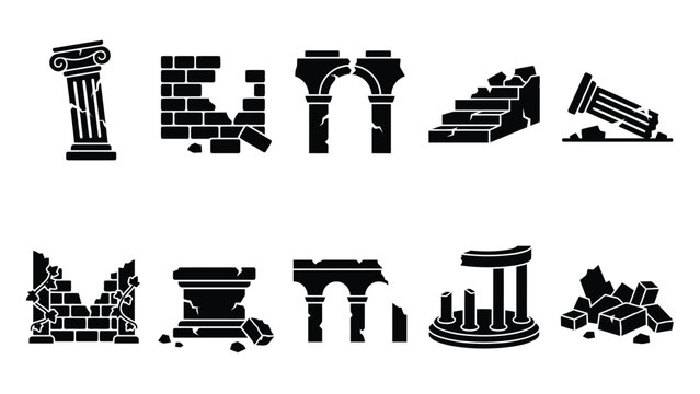 Ancient ruins architectural elements set including broken columns walls and crumbling steps for historical design