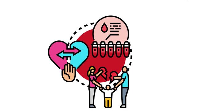 The icon illustrates a family facing challenges, with elements representing a fragile relationship, blood testing for ancestry, and the complex bonds shared between generations