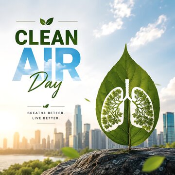 Clean Air Day concept with lung shaped leaves, environmental health poster, green leaf with human lungs over city skyline
