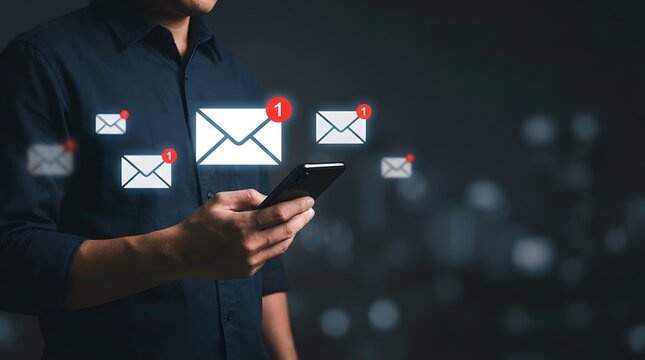 Man checking smartphone displaying incoming email notification pop-ups against a dark background with smartphone user mobile phone incoming mail digital message