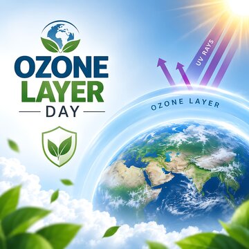 Ozone Layer Day environmental poster, Earth protection from UV rays, atmospheric shield concept with green leaves and blue sky
