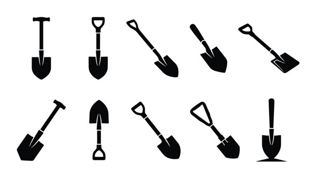 Black shovel and spade icon collection in various angles for gardening and construction industry use