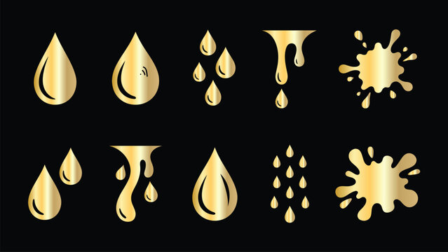 Gold liquid drops and splashing paint elements on black background for luxury cosmetic branding