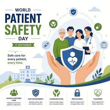 World Patient Safety Day concept illustration, medical healthcare awareness poster, safe care for every patient campaign banner