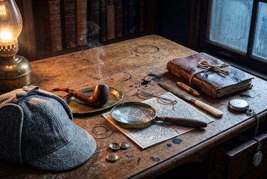 Vintage detective kit still life with deerstalker cap briar pipe brass magnifying glass pocket watch and notebook on an ink stained oak desk, representing classic mystery investigation concept