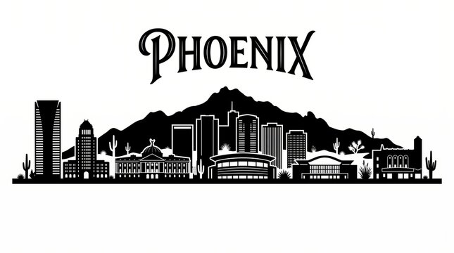 Highly detailed Phoenix, Arizona skyline silhouette featuring iconic downtown architecture, Camelback Mountain, desert vegetation and elegant PHOENIX lettering.