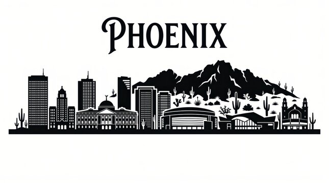 Highly detailed Phoenix, Arizona skyline silhouette featuring iconic downtown architecture, Camelback Mountain, desert vegetation and elegant PHOENIX lettering.