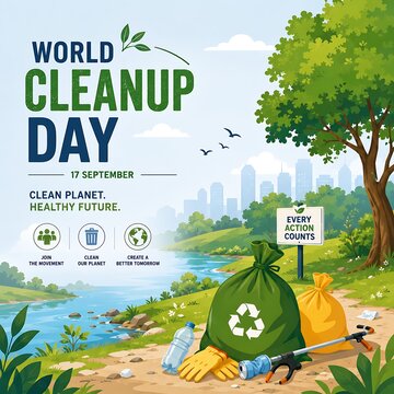 World Cleanup Day poster with recycling bags and litter picker. Environmental conservation concept for clean planet and healthy future. Eco-friendly park landscape.