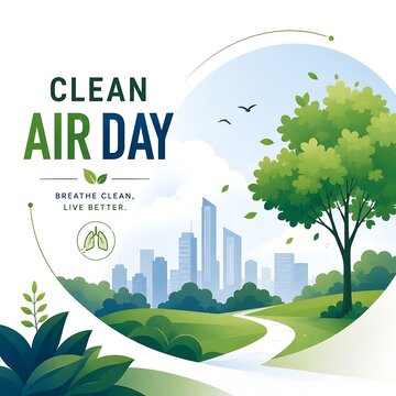 Clean Air Day environmental poster, green city park landscape with trees and skyline, eco-friendly urban nature concept for healthy living