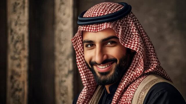 Smiling man traditional arabian clothing portrait smiling arab man portrait traditional headscarf
