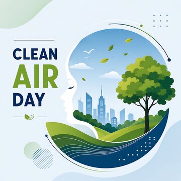 Clean Air Day conceptual illustration, environmental awareness poster with city skyline and green nature, sustainable ecology banner
