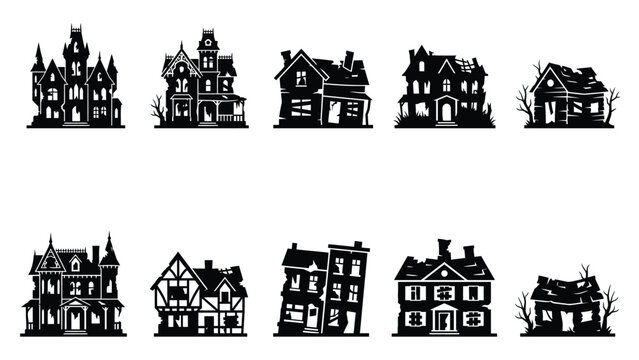 Set of scary dilapidated houses and abandoned haunted mansions
