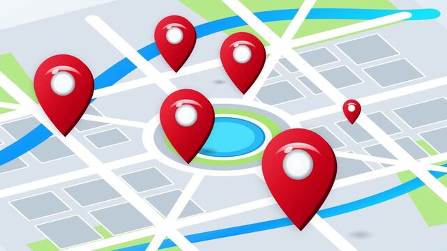 Red location pin icons animated across a digital map interface for global navigation systems in this smooth motion video clip