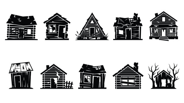 Collection of rustic dilapidated cabins and broken down wooden shacks