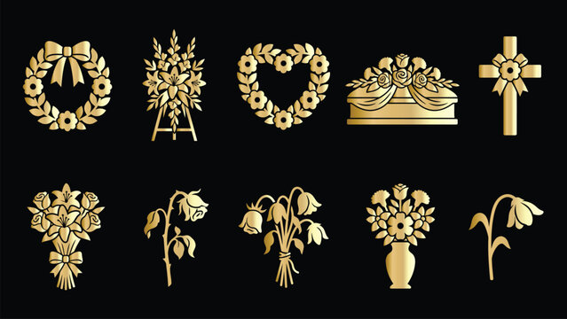 Golden funeral floral arrangements and memorial wreath icons set on black background for mourning