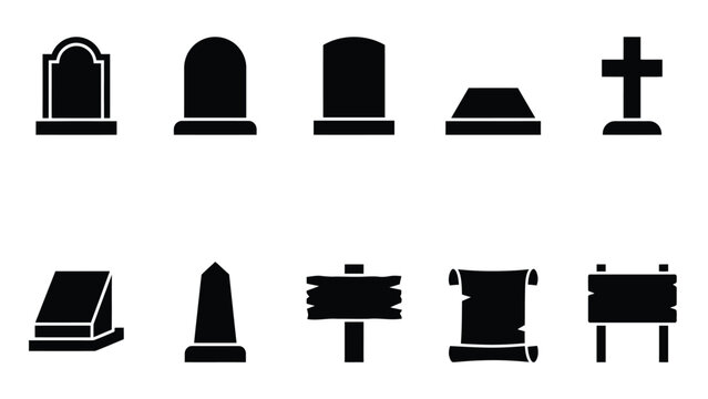 Gravestone and cemetery tombstone silhouette icons set for halloween graveyard and memorial designs