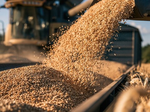 wheat grains are poured into a trailer
