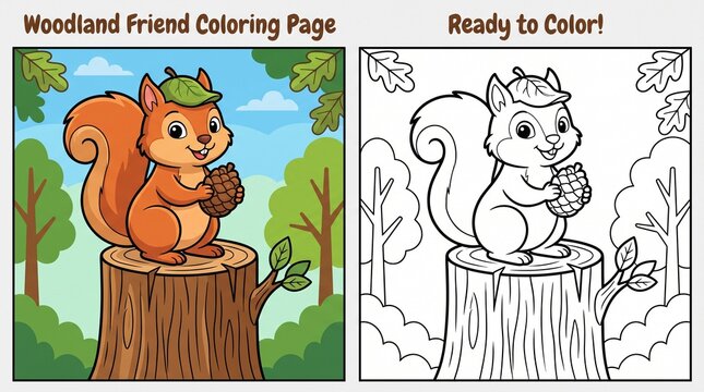 Playful squirrel holding pinecone on tree stump printable coloring sheet for kids with colored guide vector