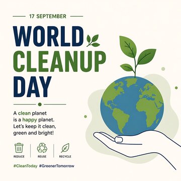 World Cleanup Day poster with earth globe and plant, environmental conservation banner, eco-friendly recycling concept illustration