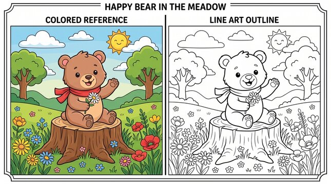 Cute bear cub holding flower on tree stump coloring book page for children with colored reference guide vector