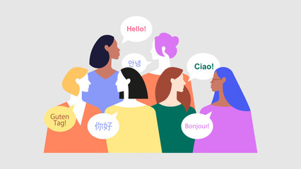 Multilingual communication. Diverse group of women greeting each other in different languages and cultures. Simple vector illustration © Atlas Illustrations