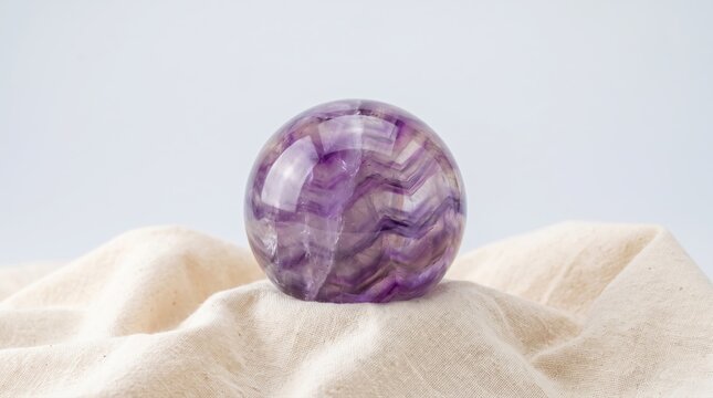 Polished purple fluorite sphere crystal ball on soft beige cotton fabric background