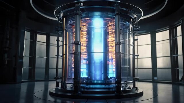 Futuristic glass reactor chamber in dark laboratory with blue orange glowing core light
