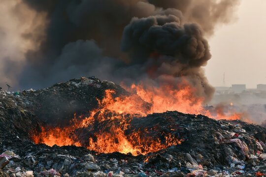 Large piles of trash and garbage burning in an open dump site with thick black smoke 