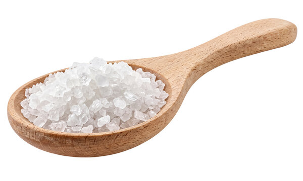 Coarse sea salt crystals in a wooden spoon isolated on white background, natural seasoning ingredient for cooking, food preparation and culinary concepts.