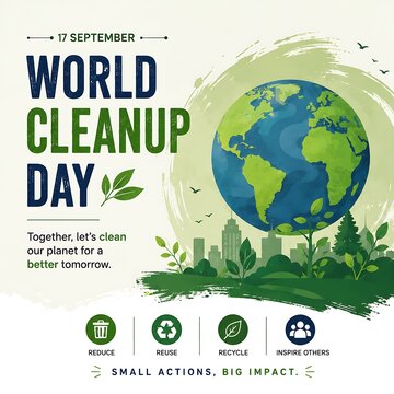World Cleanup Day poster for September 17, environmental awareness banner with Earth globe, eco-friendly green planet concept
