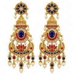 Fototapeta premium Gold chandelier earrings with sapphire and temple motifs