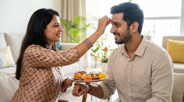 Indian sister applying tilak on brother's forehead during Raksha Bandhan. Happy siblings celebrating traditional festival with puja thali at home