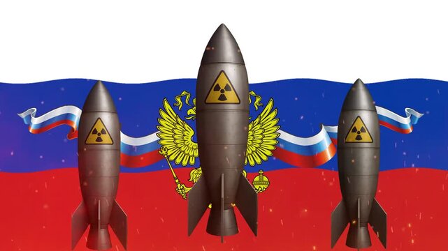 Waving russian flag with national emblem and glowing fire particles background