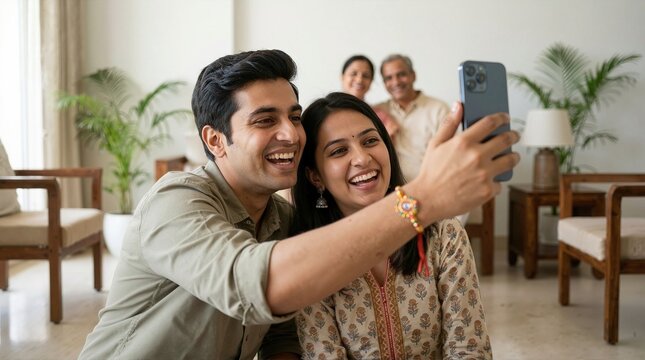 Happy Indian brother and sister taking selfie with smartphone on Raksha Bandhan. Sibling celebrating festival with parents in background at home