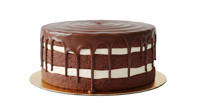Decadent chocolate layer cake with creamy filling and rich ganache drips isolated on transparent background