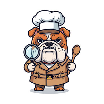 Cute mascot bulldog chef detective holding magnifying glass and wooden spoon, food critic cartoon character vector illustration
