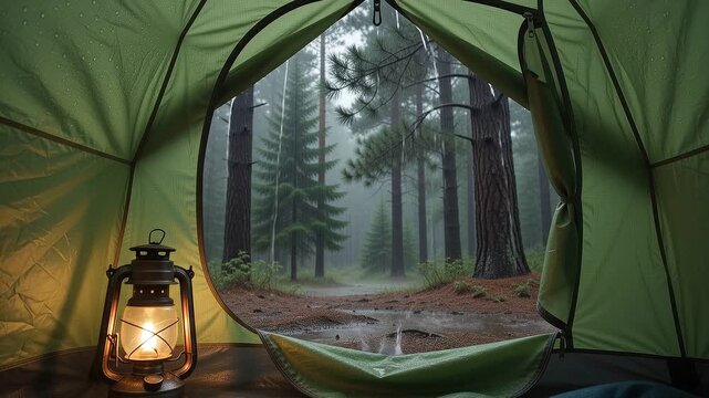 Cozy view from glowing green tent entrance over heavy rainstorm in dense pine forest, vintage oil lantern light, moody wet atmosphere