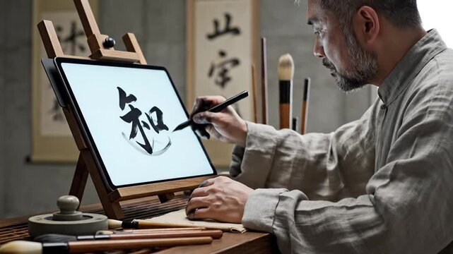 Asian man doing traditional calligraphy on a digital tablet
