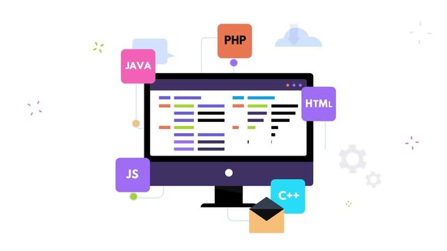 Computer monitor displaying complex software development code with colorful programming language icons in this dynamic motion graphics animation video footage