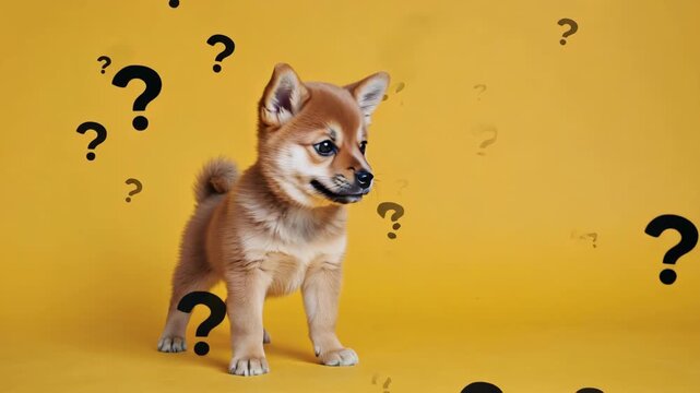 A brown puppy dog looking puzzled with question marks surrounding it.