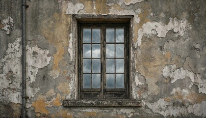 Obraz premium Old weathered wall with a rustic wooden window frame reflecting a cloudy sky