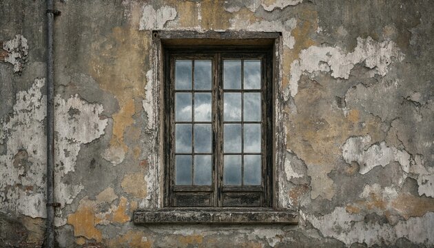 Old weathered wall with a rustic wooden window frame reflecting a cloudy sky