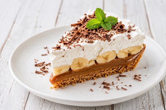 Slice of banoffee pie topped with whipped cream and chocolate shavings