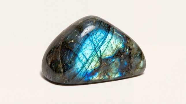 Polished Labradorite gemstone with iridescent blue flash isolated on a white background.