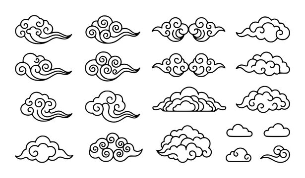 Decorative Cloud Icon Collection Featuring Hand Drawn Clouds Curved Wind Shapes Weather Symbols and Soft Sky Elements