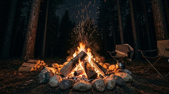 Warm campfire of split logs ringed by smooth river stones, deep dark pine forest at night, glowing embers and soaring orange sparks