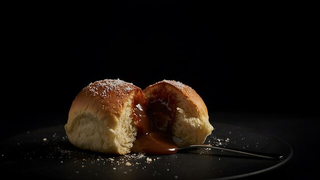 Freshly baked sweet bun torn apart with a rich caramel or jam filling on a dark background, dramatic food photography